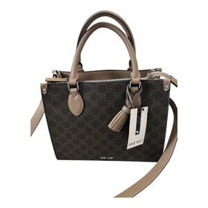 Nine West Monogram Satchel Crossbody Bag Brown Taupe Faux Leather New With Tags